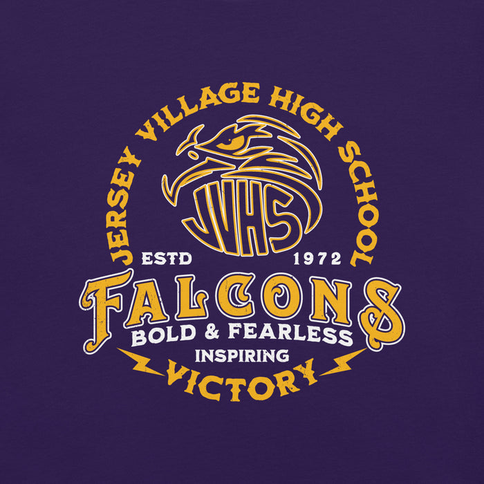 Close-up view of Jersey Village High School Falcons Purple Premium Unisex T-shirt 206