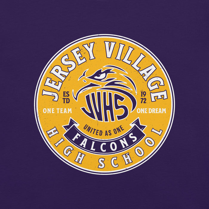Close-up view of Jersey Village High School Falcons Purple Premium Unisex T-shirt 215