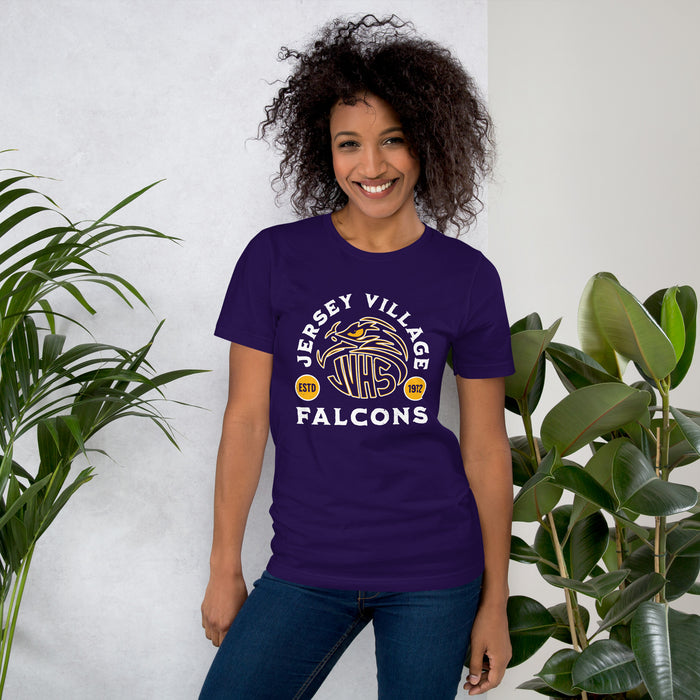 Woman wearing Jersey Village High School Falcons Purple Premium Unisex T-shirt 208