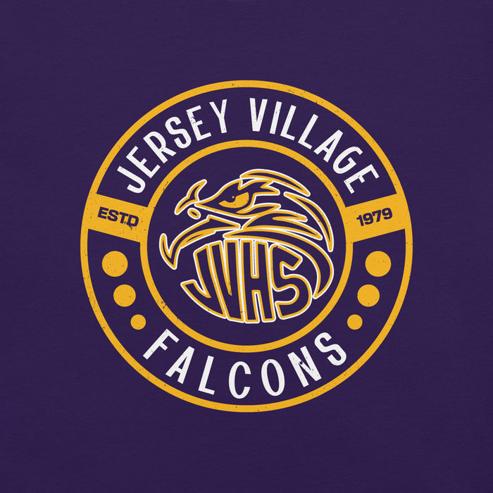 Close-up view of Jersey Village High School Falcons Purple Premium Unisex T-shirt 239