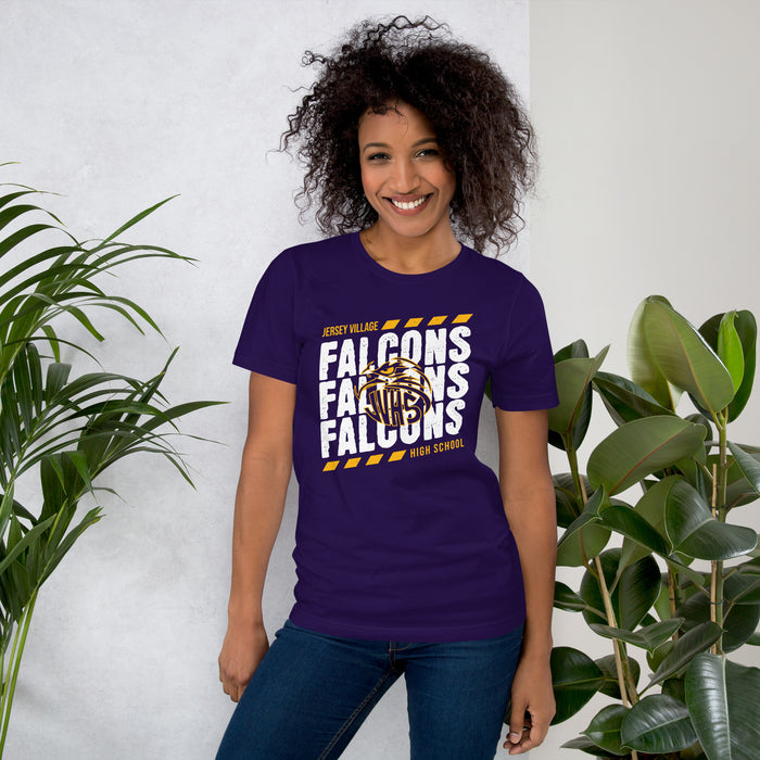 Woman wearing Jersey Village High School Falcons Purple Premium Unisex T-shirt 223