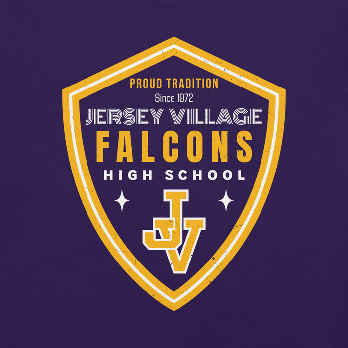 Close-up view of Jersey Village High School Falcons Purple Premium Unisex T-shirt 225