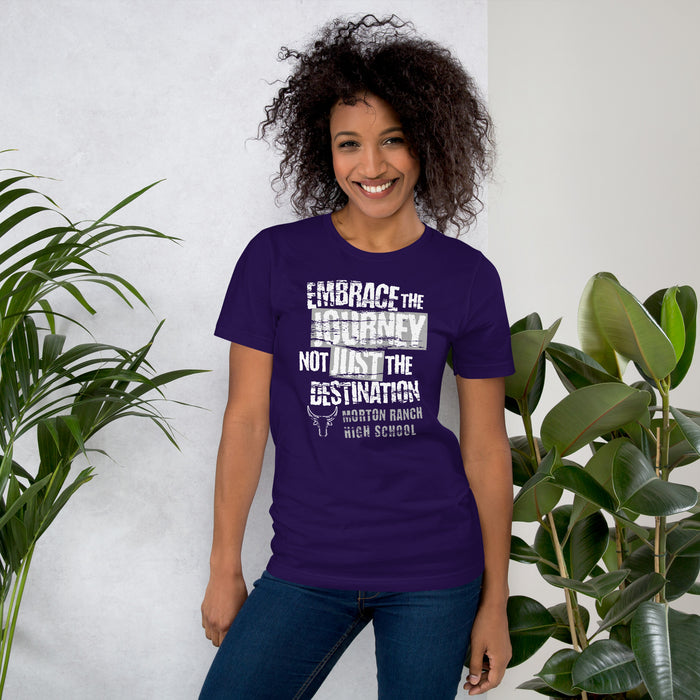 Woman wearing Morton Ranch High School Mavericks Premium Purple Unisex T-shirt 232