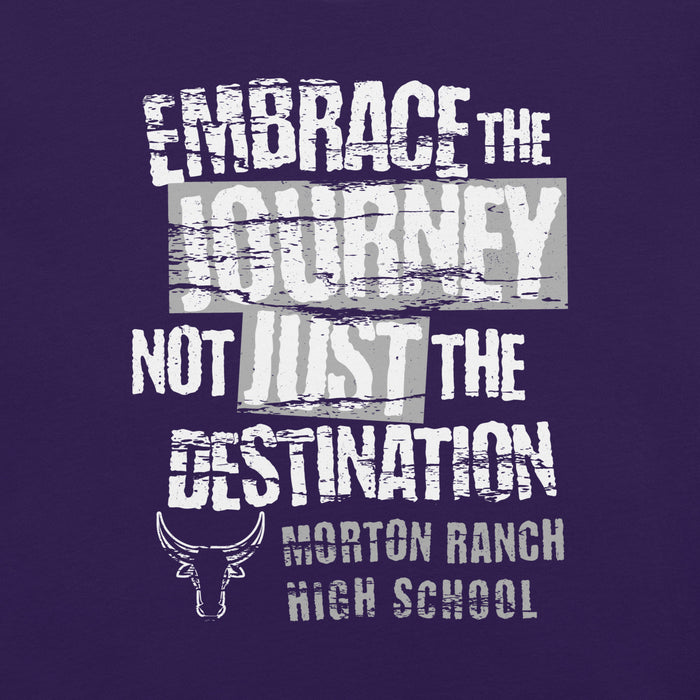 Close-up view of Morton Ranch High School Mavericks Premium Purple Unisex T-shirt 232