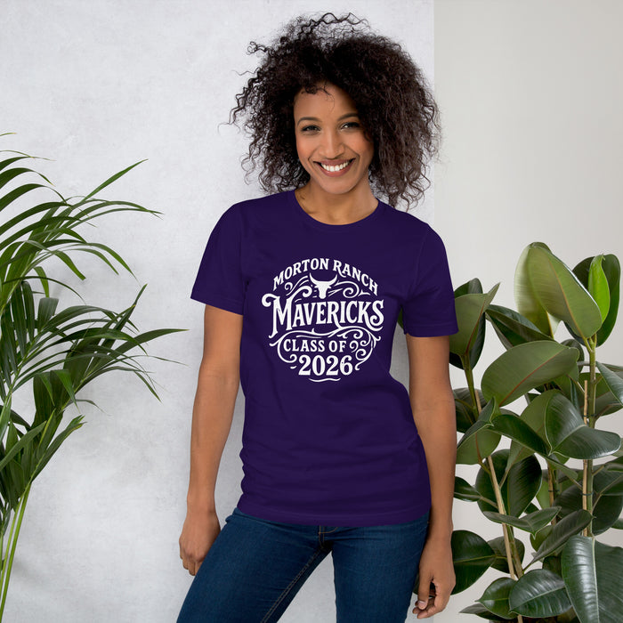 Woman wearing Morton Ranch High School Mavericks Premium Purple Unisex T-shirt 254