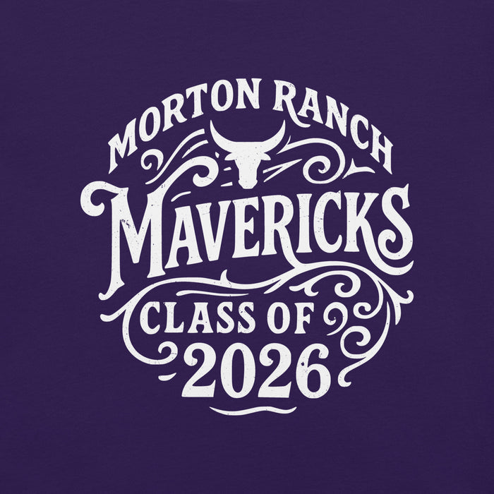 Close-up view of Morton Ranch High School Mavericks Premium Purple Unisex T-shirt 254