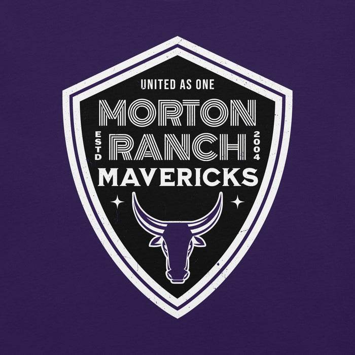Close-up view of Morton Ranch High School Mavericks Premium Purple Unisex T-shirt 225