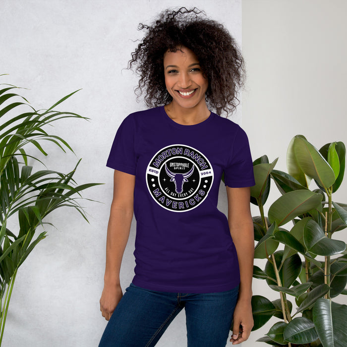 Woman wearing Morton Ranch High School Mavericks Premium Purple Unisex T-shirt 239