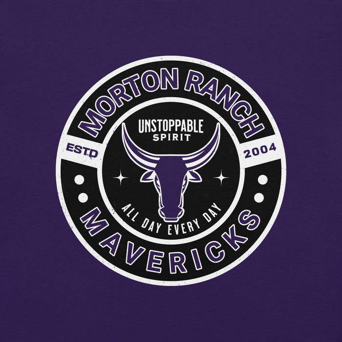Close-up view of Morton Ranch High School Mavericks Premium Purple Unisex T-shirt 239
