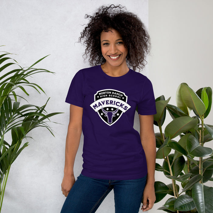 Woman wearing Morton Ranch High School Mavericks Premium Purple Unisex T-shirt 221