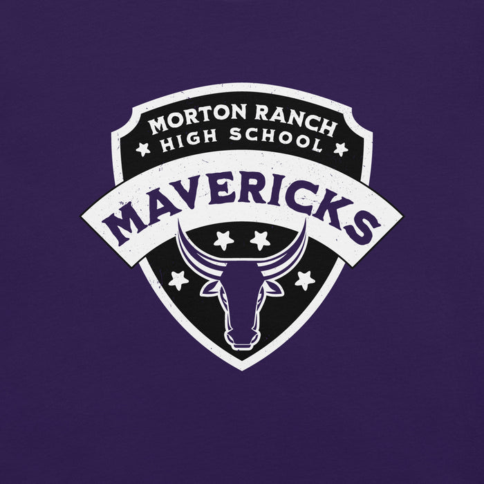 Close-up view of Morton Ranch High School Mavericks Premium Purple Unisex T-shirt 221