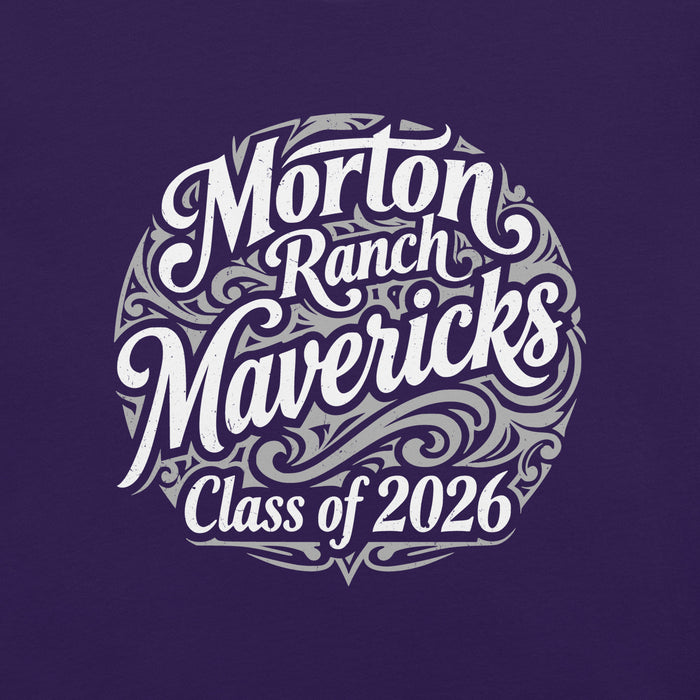 Close-up view of Morton Ranch High School Mavericks Premium Purple Unisex T-shirt 253