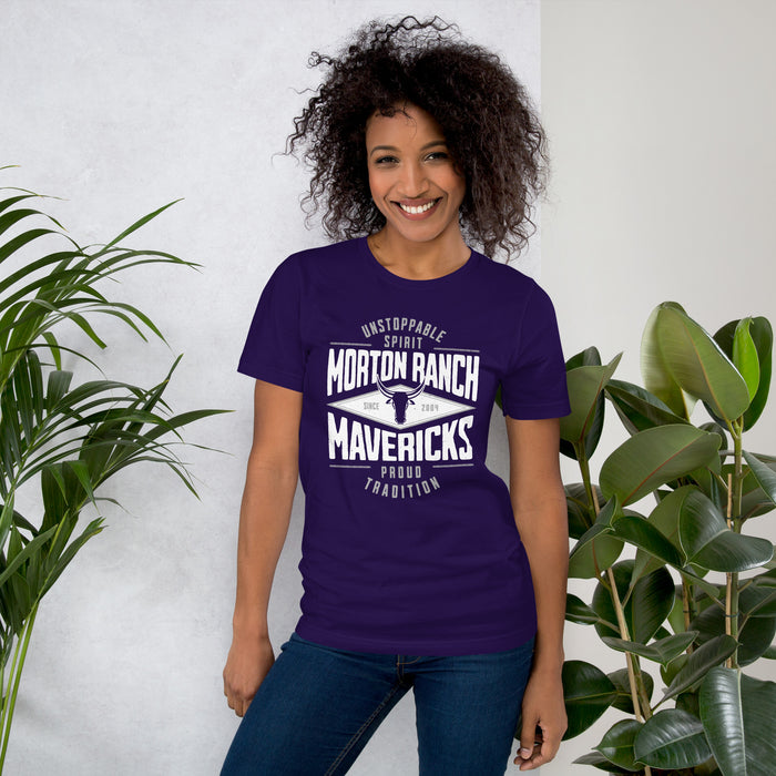 Woman wearing Morton Ranch High School Mavericks Premium Purple Unisex T-shirt 210