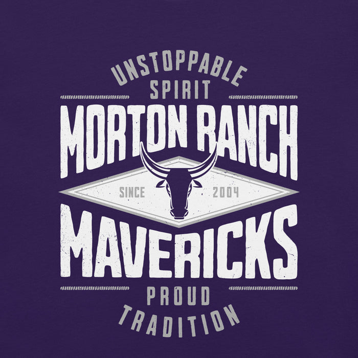 Close-up view of Morton Ranch High School Mavericks Premium Purple Unisex T-shirt 210