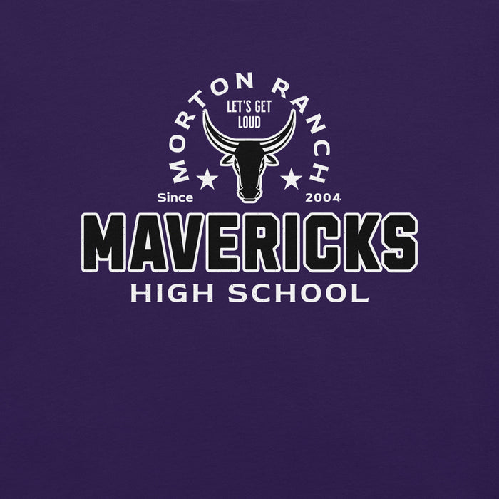 Close-up view of Morton Ranch High School Mavericks Premium Purple Unisex T-shirt 222