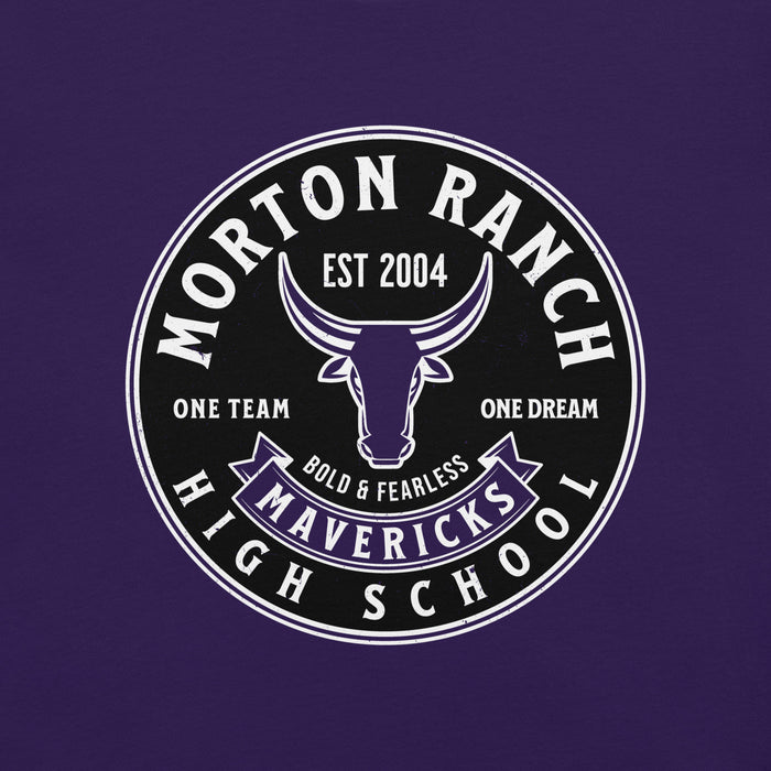Close-up view of Morton Ranch High School Mavericks Premium Purple Unisex T-shirt 215