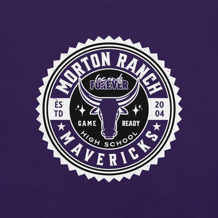 Close-up view of Morton Ranch High School Mavericks Premium Purple Unisex T-shirt 203