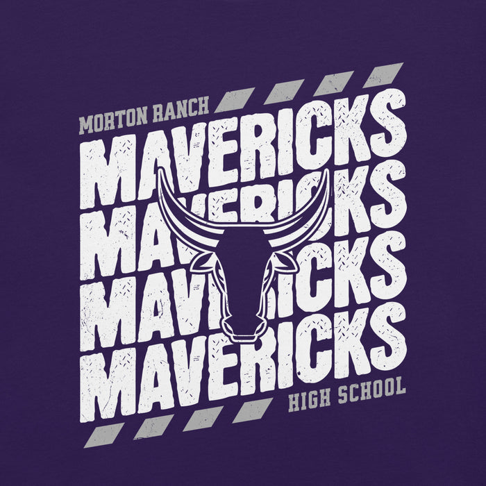 Close-up view of Morton Ranch High School Mavericks Premium Purple Unisex T-shirt 223