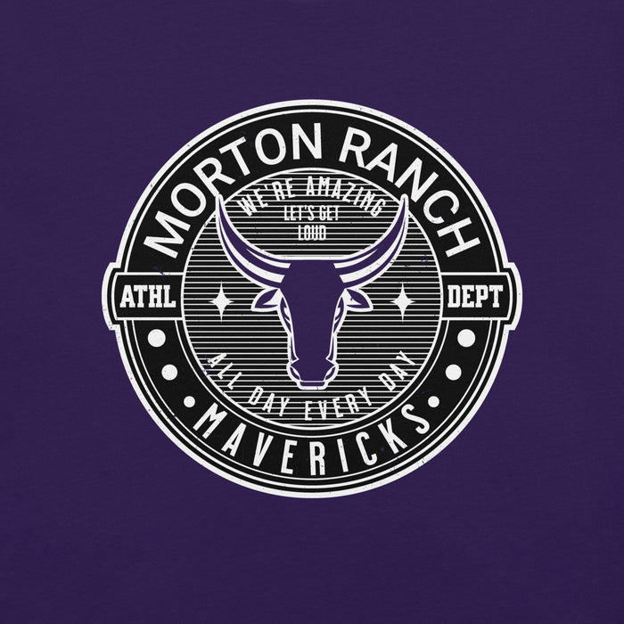 Close-up view of Morton Ranch High School Mavericks Premium Purple Unisex T-shirt 224
