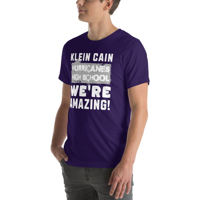 Man wearing Klein Cain High School Hurricanes Purple Premium Unisex T-shirt 231