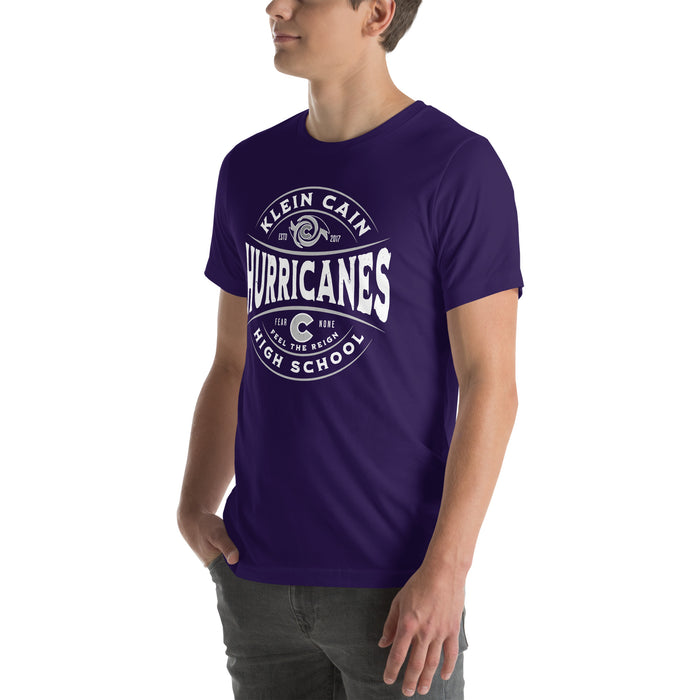 Man wearing Klein Cain High School Hurricanes Purple Premium Unisex T-shirt 218