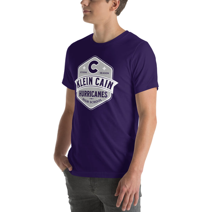 Man wearing Klein Cain High School Hurricanes Purple Premium Unisex T-shirt 209