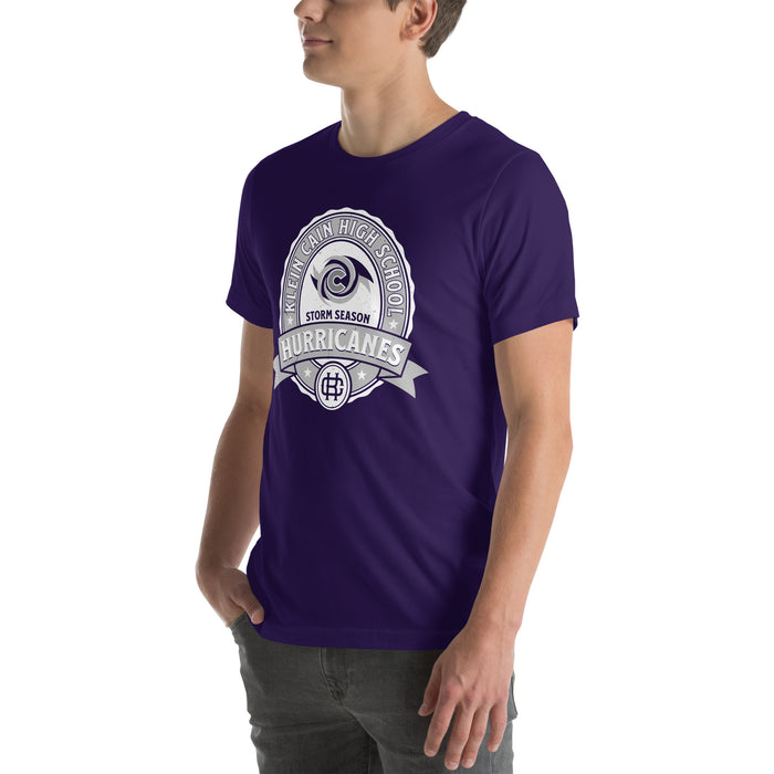 Man wearing Klein Cain High School Hurricanes Purple Premium Unisex T-shirt 212