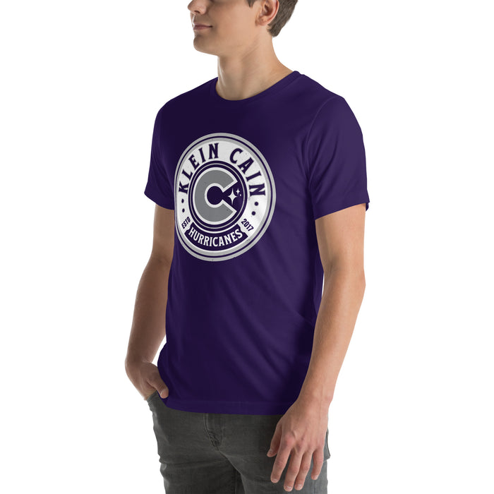Man wearing Klein Cain High School Hurricanes Purple Premium Unisex T-shirt 220
