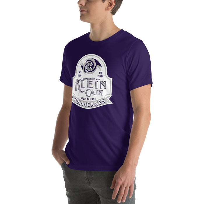 Man wearing Klein Cain High School Hurricanes Purple Premium Unisex T-shirt 219