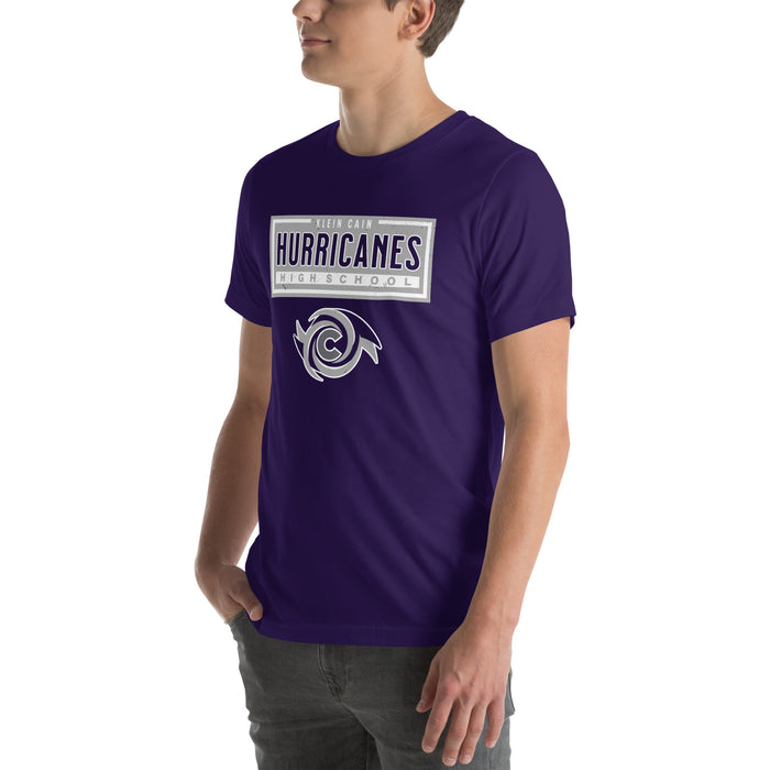 Man wearing Klein Cain High School Hurricanes Purple Premium Unisex T-shirt 049