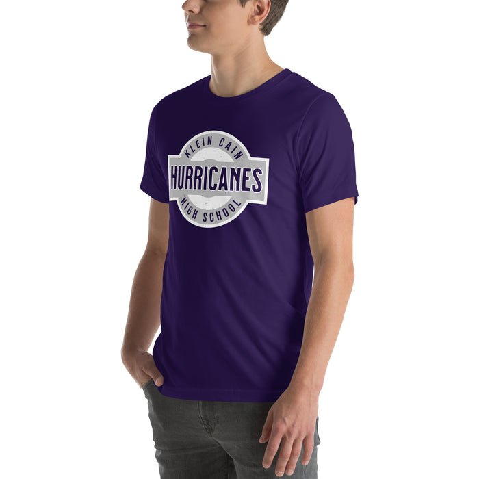 Man wearing Klein Cain High School Hurricanes Purple Premium Unisex T-shirt 011
