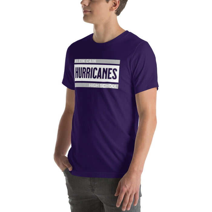 Man wearing Klein Cain High School Hurricanes Purple Premium Unisex T-shirt 098