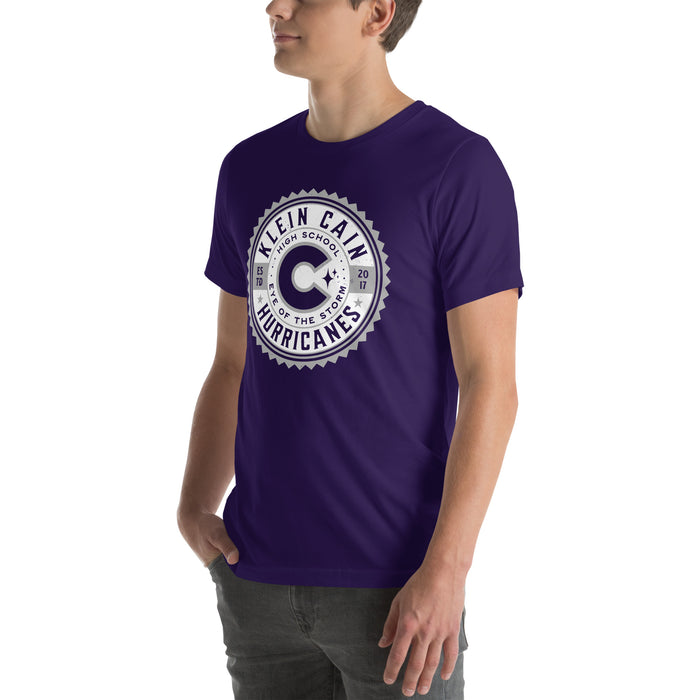 Man wearing Klein Cain High School Hurricanes Purple Premium Unisex T-shirt 203