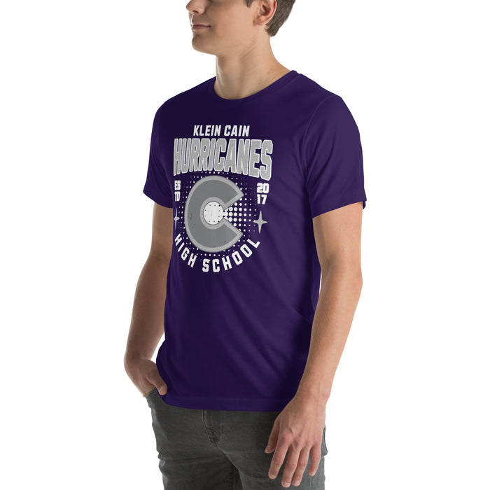 Man wearing Klein Cain High School Hurricanes Purple Premium Unisex T-shirt 204