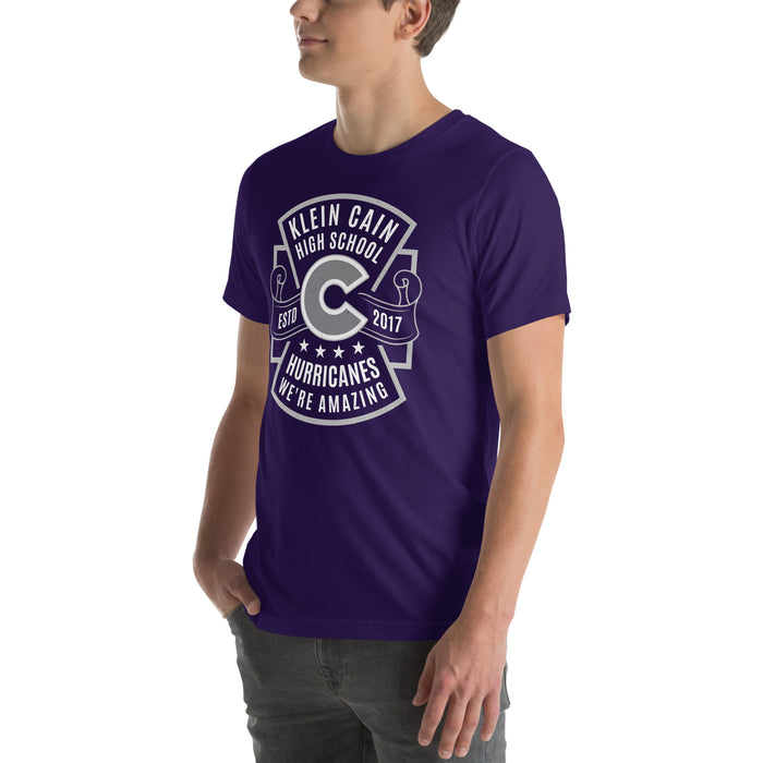 Man wearing Klein Cain High School Hurricanes Purple Premium Unisex T-shirt 207