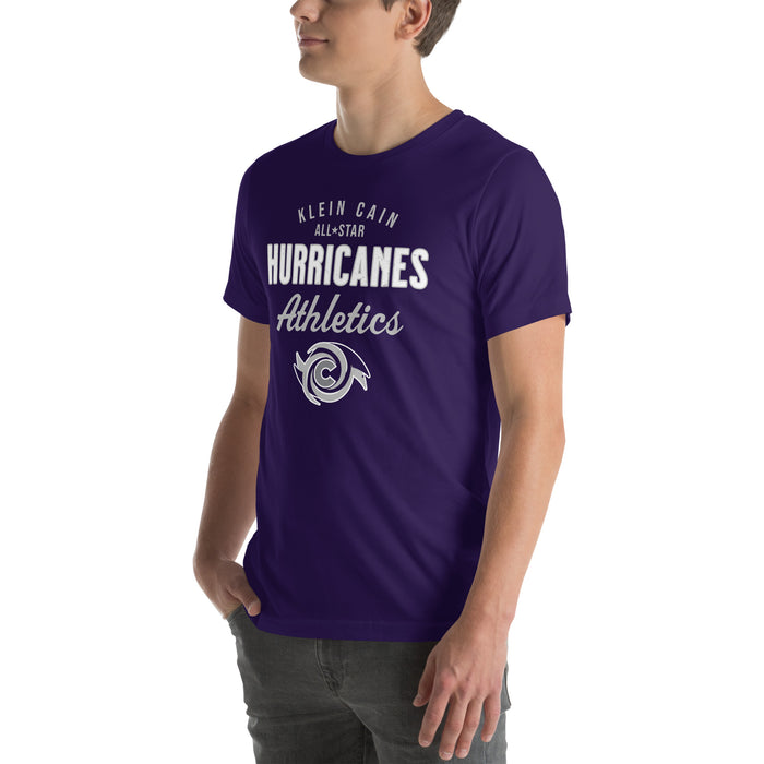 Man wearing Klein Cain High School Hurricanes Purple Premium Unisex T-shirt 034