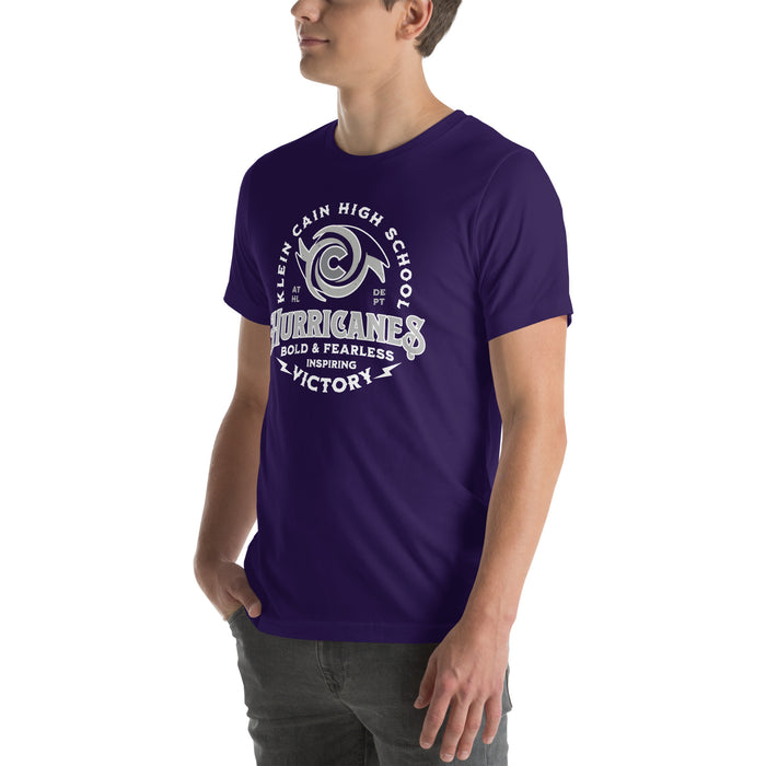 Man wearing Klein Cain High School Hurricanes Purple Premium Unisex T-shirt 206
