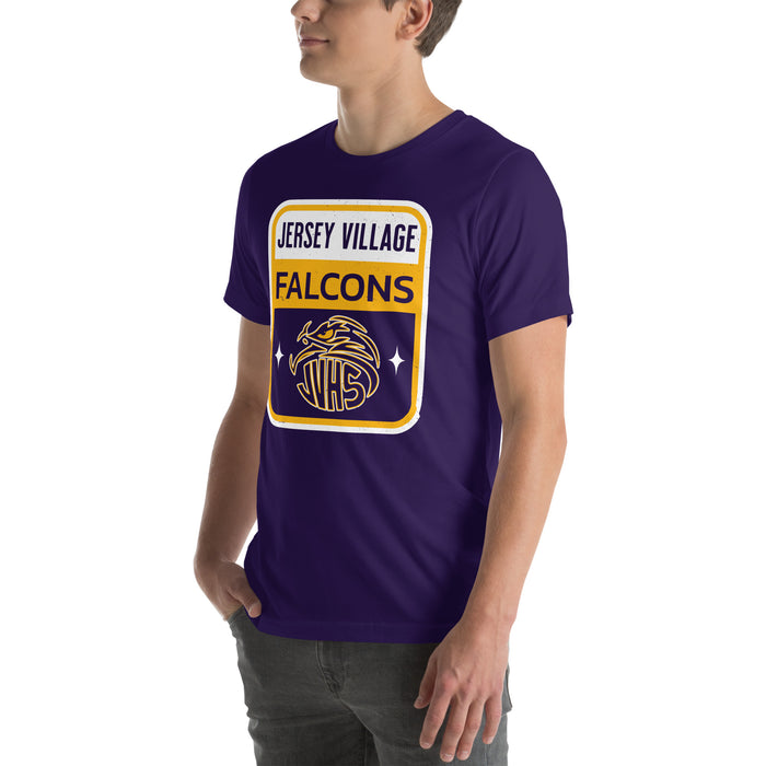 Man wearing Jersey Village High School Falcons Purple Premium Unisex T-shirt 001