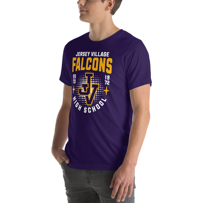 Man wearing Jersey Village High School Falcons Purple Premium Unisex T-shirt 204