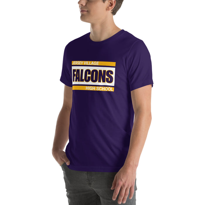 Man wearing Jersey Village High School Falcons Purple Premium Unisex T-shirt 098