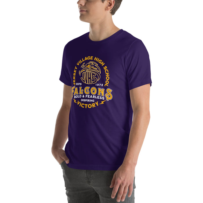 Man wearing Jersey Village High School Falcons Purple Premium Unisex T-shirt 206