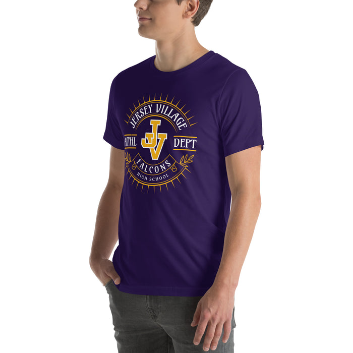 Man wearing Jersey Village High School Falcons Purple Premium Unisex T-shirt 201
