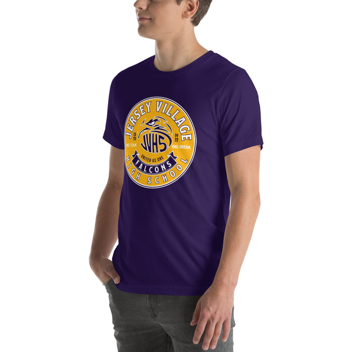 Man wearing Jersey Village High School Falcons Purple Premium Unisex T-shirt 215