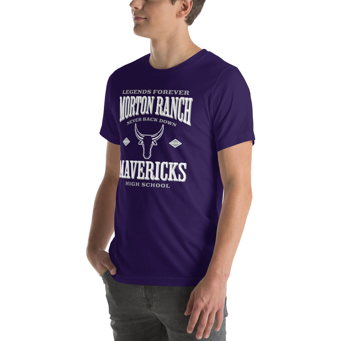 Man wearing Morton Ranch High School Mavericks Premium Purple Unisex T-shirt 230