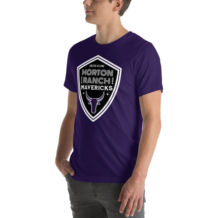 Man wearing Morton Ranch High School Mavericks Premium Purple Unisex T-shirt 225