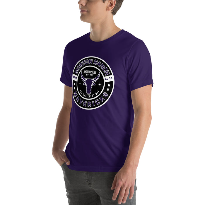 Man wearing Morton Ranch High School Mavericks Premium Purple Unisex T-shirt 239