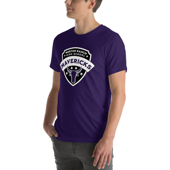 Man wearing Morton Ranch High School Mavericks Premium Purple Unisex T-shirt 221