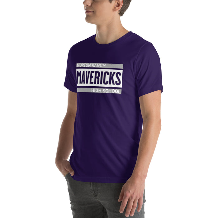 Man wearing Morton Ranch High School Mavericks Premium Purple Unisex T-shirt 098