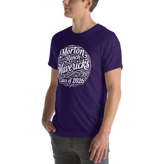 Man wearing Morton Ranch High School Mavericks Premium Purple Unisex T-shirt 253