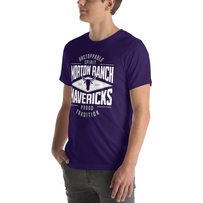 Man wearing Morton Ranch High School Mavericks Premium Purple Unisex T-shirt 210